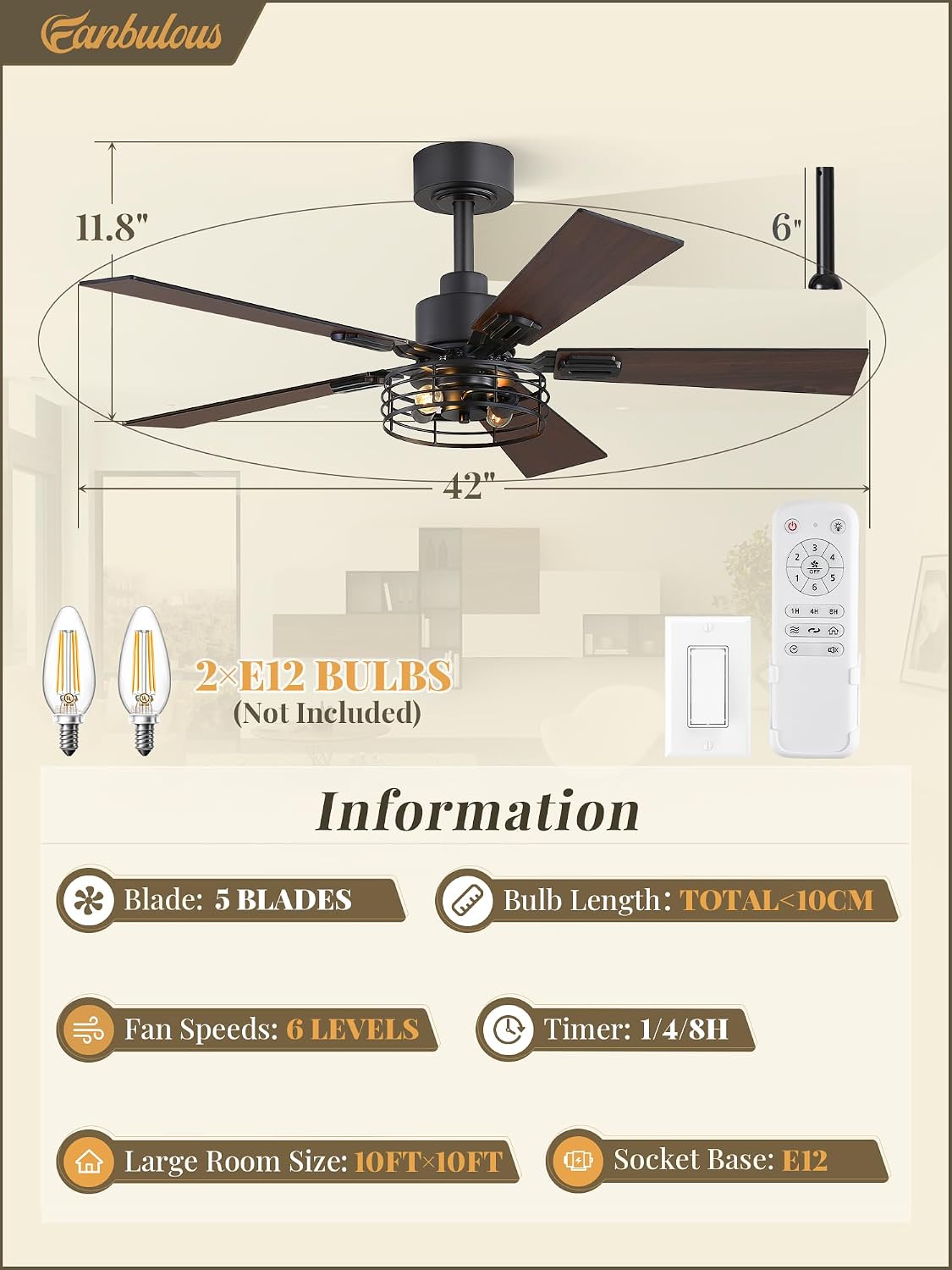 Fanbulous 42 Inch Farmhouse Rustic Ceiling Fan with Light & Remote