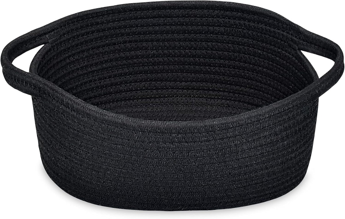 ABenkle Small Basket with Handles, Boho Decorative Rope Woven Dog Cat Toy Storage Bin Shelf Storage Organizer, Easter Christmas Gift Basket, 12"x8"x5", Black