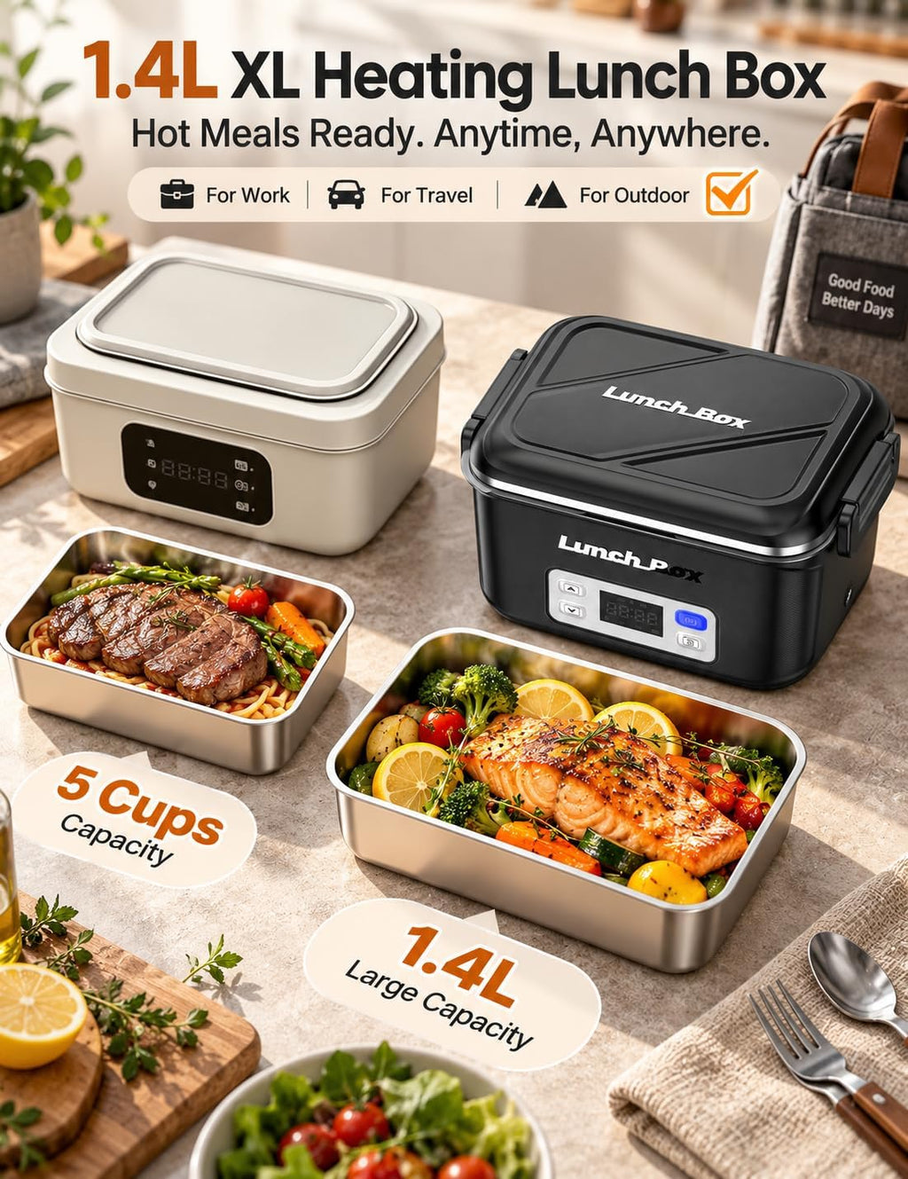 Cordless Electric Lunch Box Rechargeable for Men, 1.4L