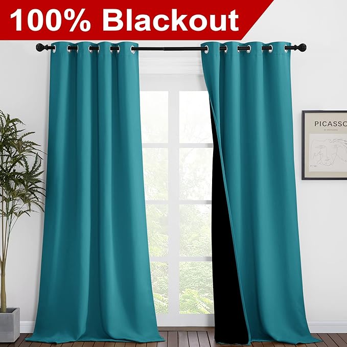 NICETOWN Peacock Teal Blackout Curtains 90 inches Long, Full Light Blocking - Image 2