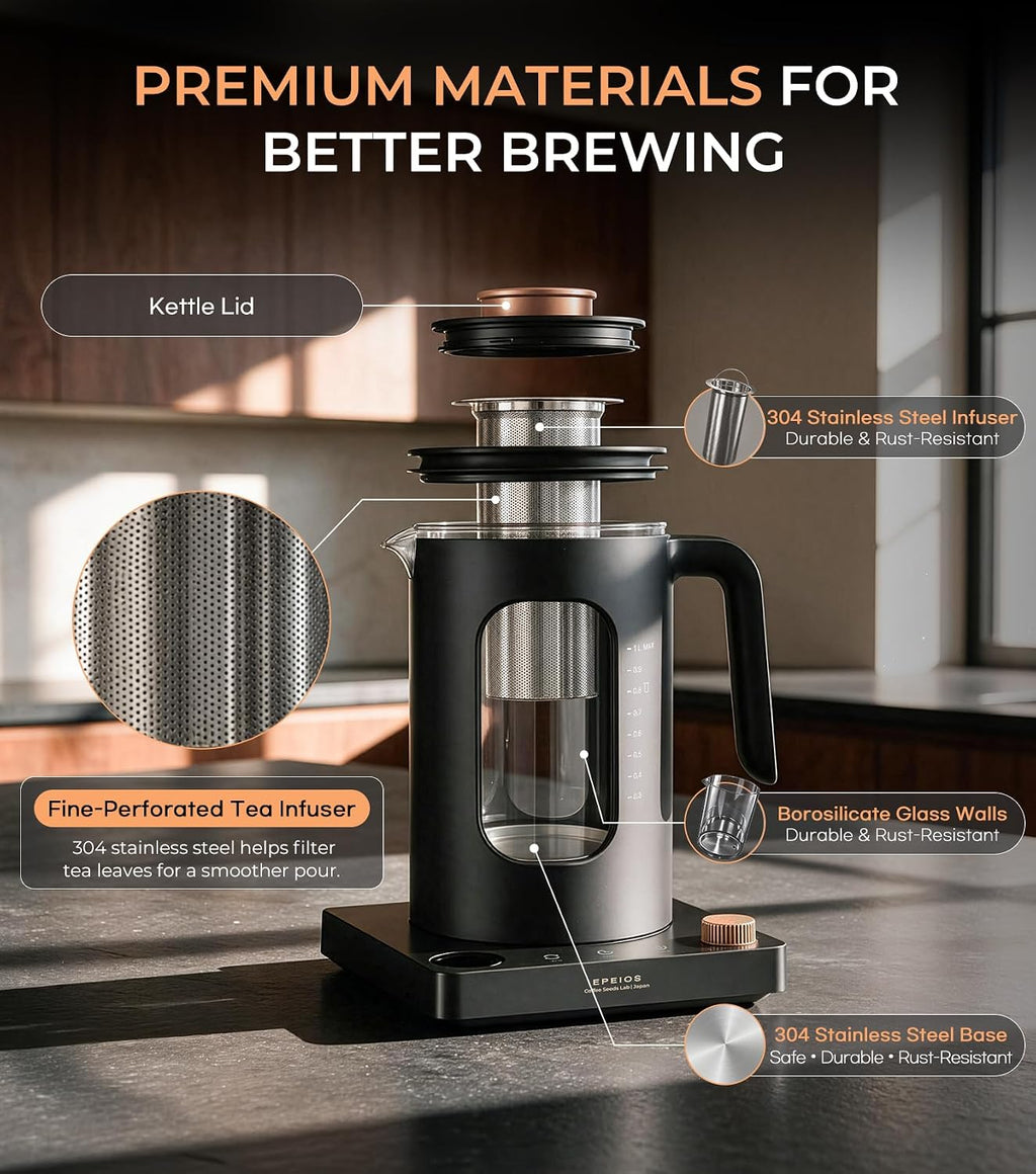 Epeios Electric Tea Kettle with Infuser,1℉ Temperature Control,1L,Dark Gray
