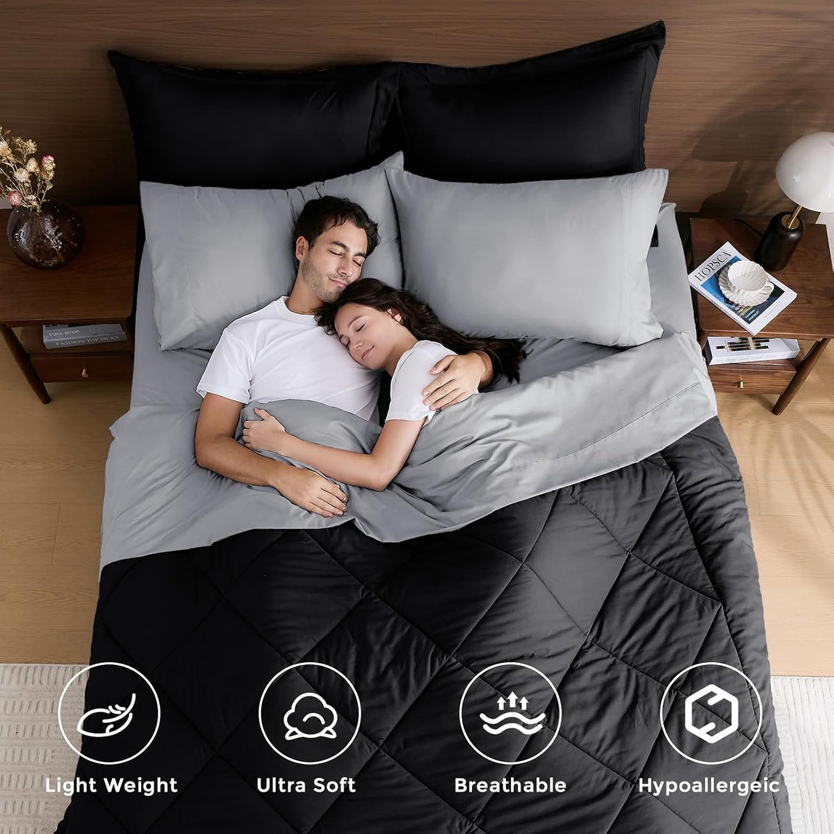 HEVUMYI 7-Piece Full Comforter Set, Black & Light Grey Bed in a Bag