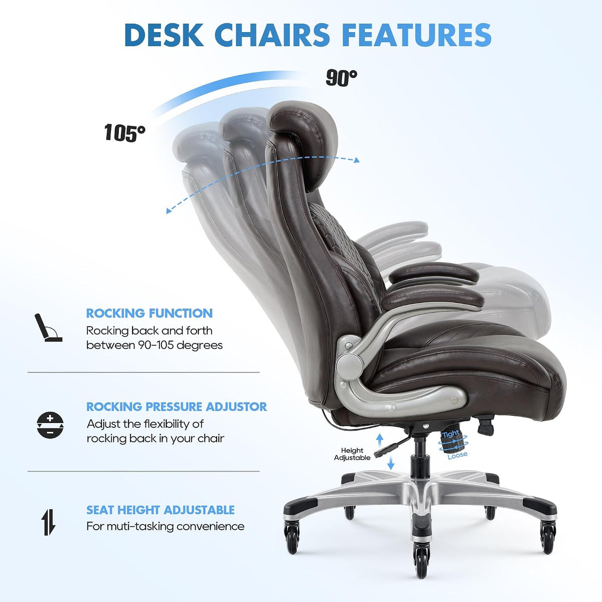 COLAMY Office Ergonomic Desk High Back Executive Chair with Pop-Out Lumbar Support, Upgraded Casters, Adjustable Headrest, Flip-Up Arms, Leather Home with Thick Cushion for Comfort - Brown