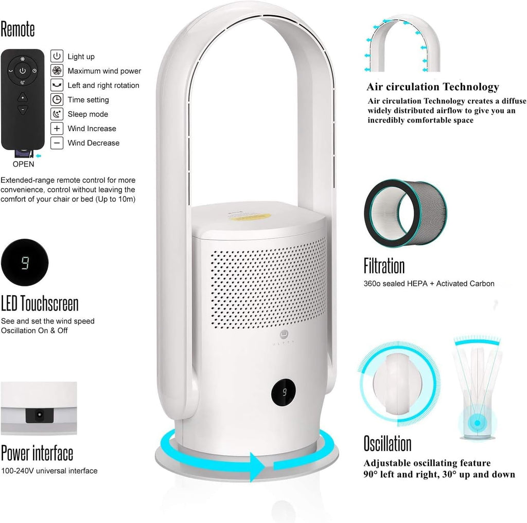 ULTTY Bladeless Tower Fan and Air Purifier Combo, Quiet Oscillating Fan with Remote & Touch Control, 9 Speeds, 8H Timer, HEPA Air Filter, Safe Floor Fan for Bedroom Home Office White, 23.5"inch