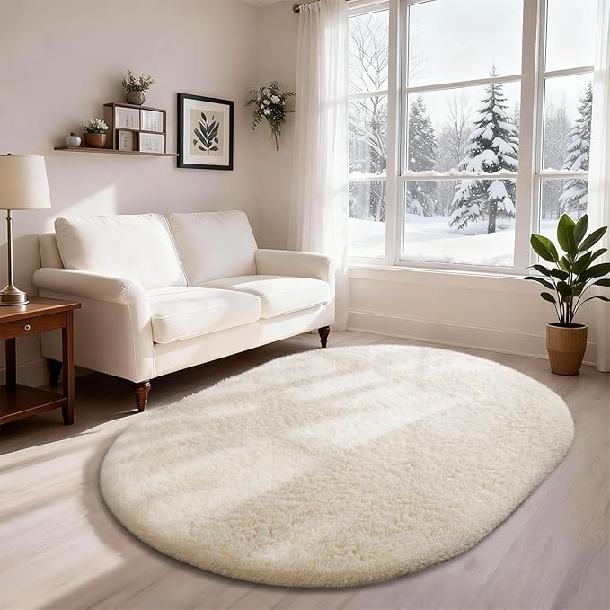 Ophanie 4x6 Oval Ivory Rugs for Bedroom Living Room, Fluffy Fuzzy Furry Carpet - Image 6