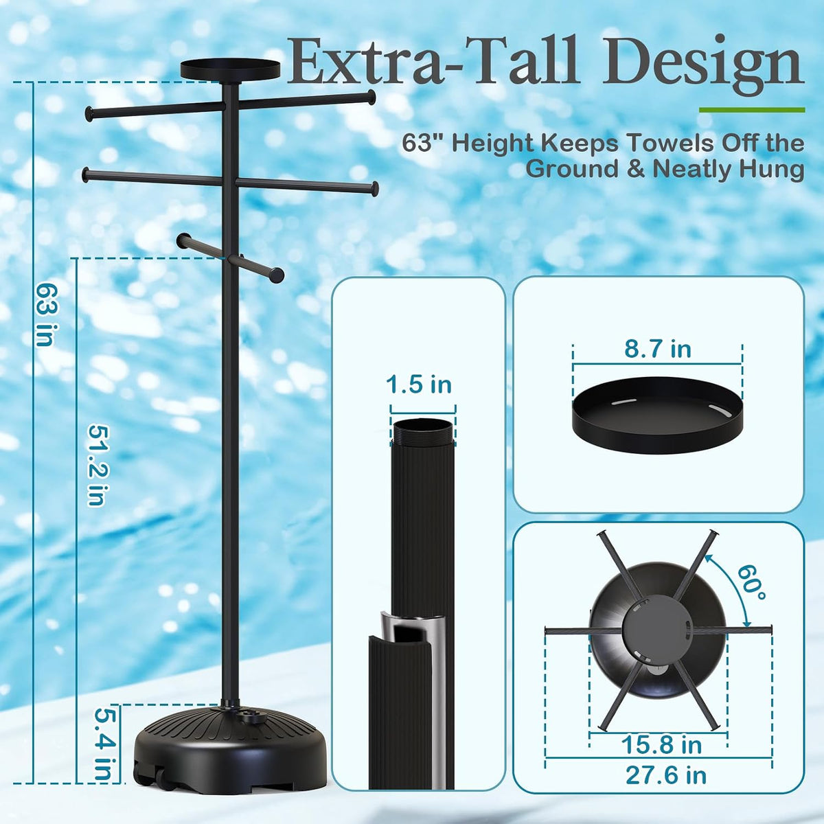 63 Inch Pool Towel Rack Outdoor with Built-in Tray and Wheels