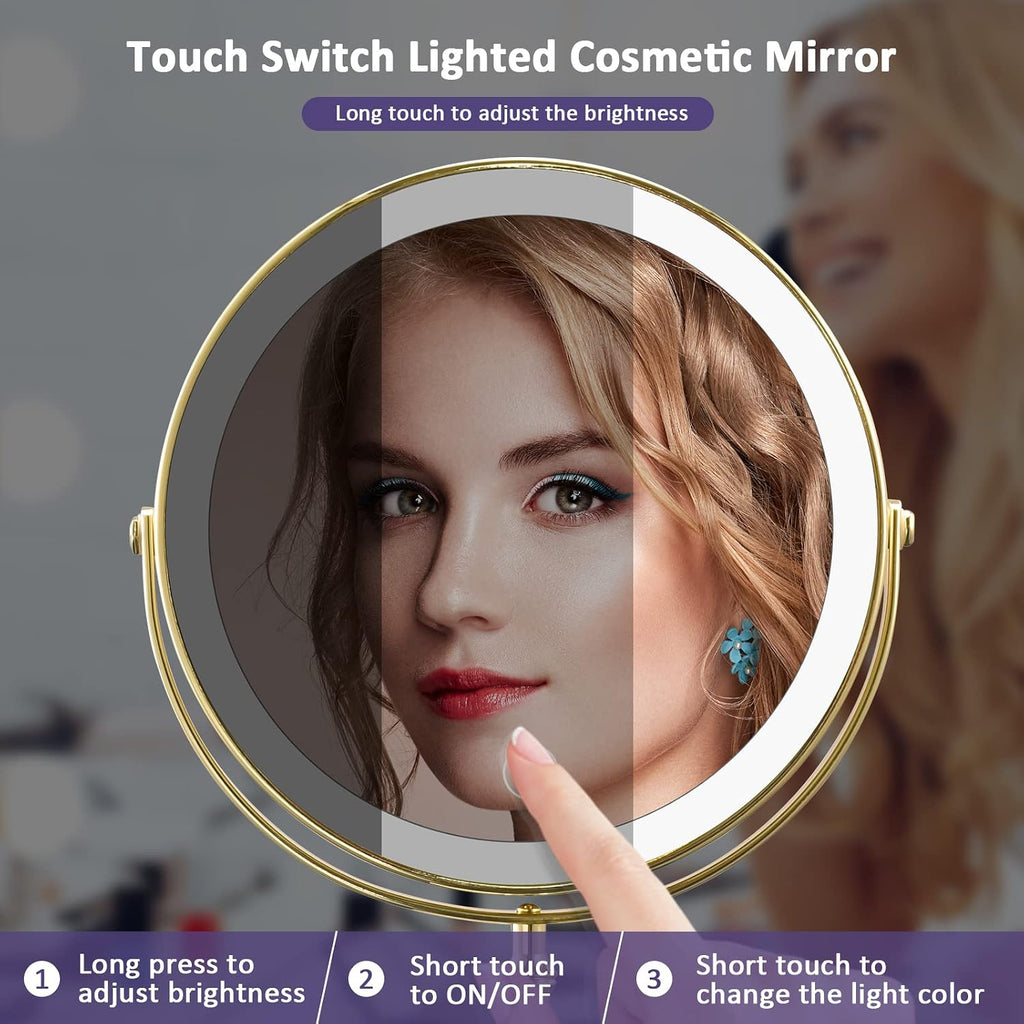 Gold Makup Mirror with Lights, 10X Magnifying Lighted Vanity Mirror, 8 Inches 360 Swivel Two-Sided Tabletop Mirror Gold Finish