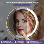 Gold Makup Mirror with Lights, 10X Magnifying Lighted Vanity Mirror, 8 Inches 360 Swivel Two-Sided Tabletop Mirror Gold Finish