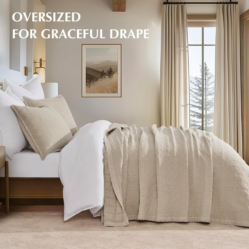 EVERGRACEHOME Stonewashed Cotton Quilt Set, King Size, Flax Beige