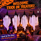 4 Pack 32 Inch Hanging Ghosts Halloween Decor, Ghost Decorations with Witch Hats & Skeleton Hands, Floating Ghost Halloween Decorations for Outside, Front Porch, Yard, Patio & Indoor Decor