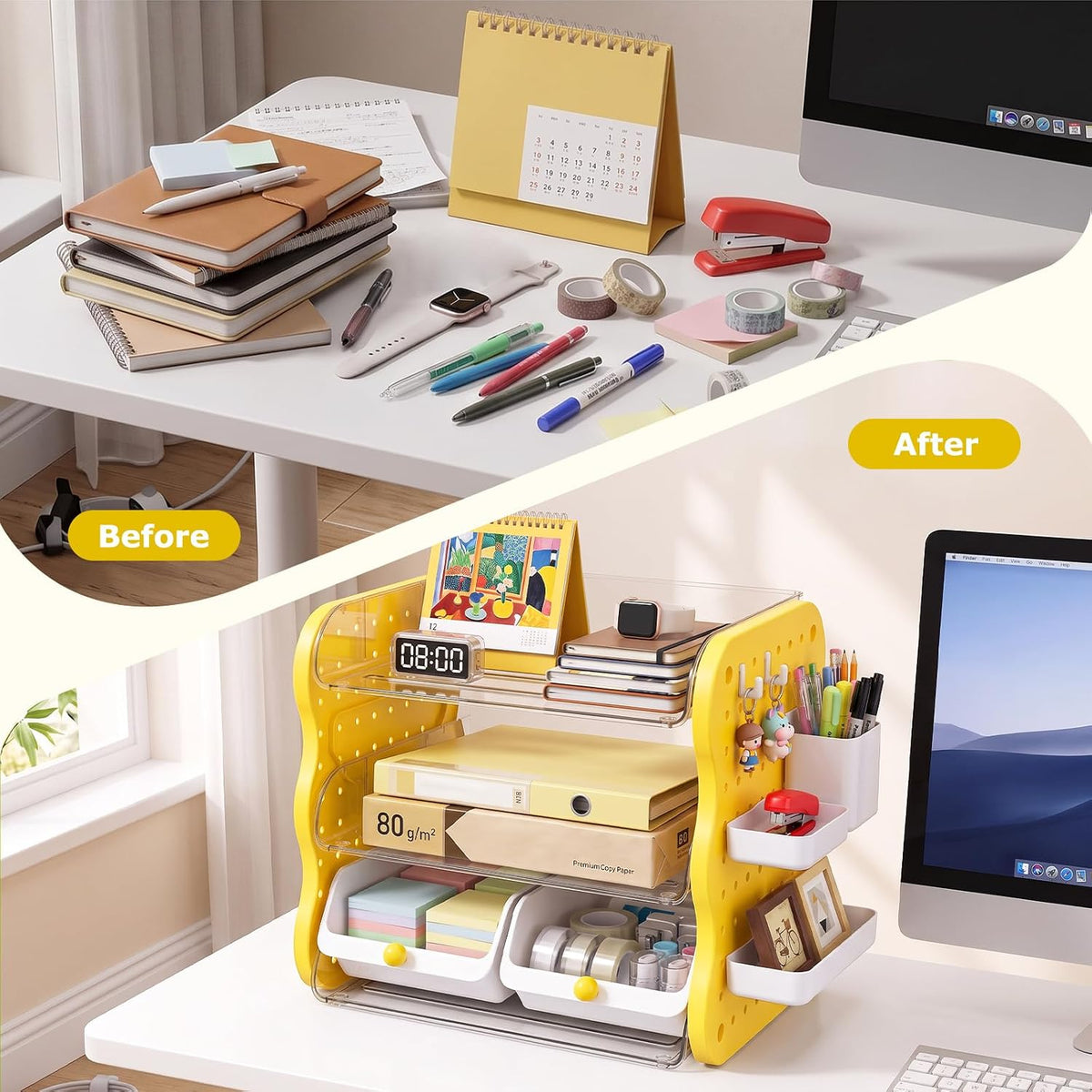 COMIX 3-Tier Paper Organizer Letter Tray, File Organizer for Desk, Yellow