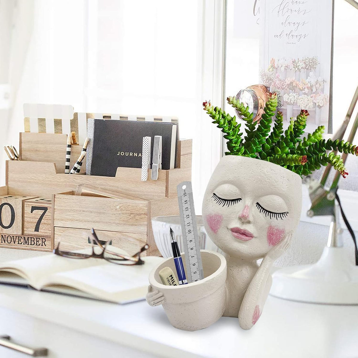 Face Planter Pot, Double Flower Pots Resin with Drainage Hole