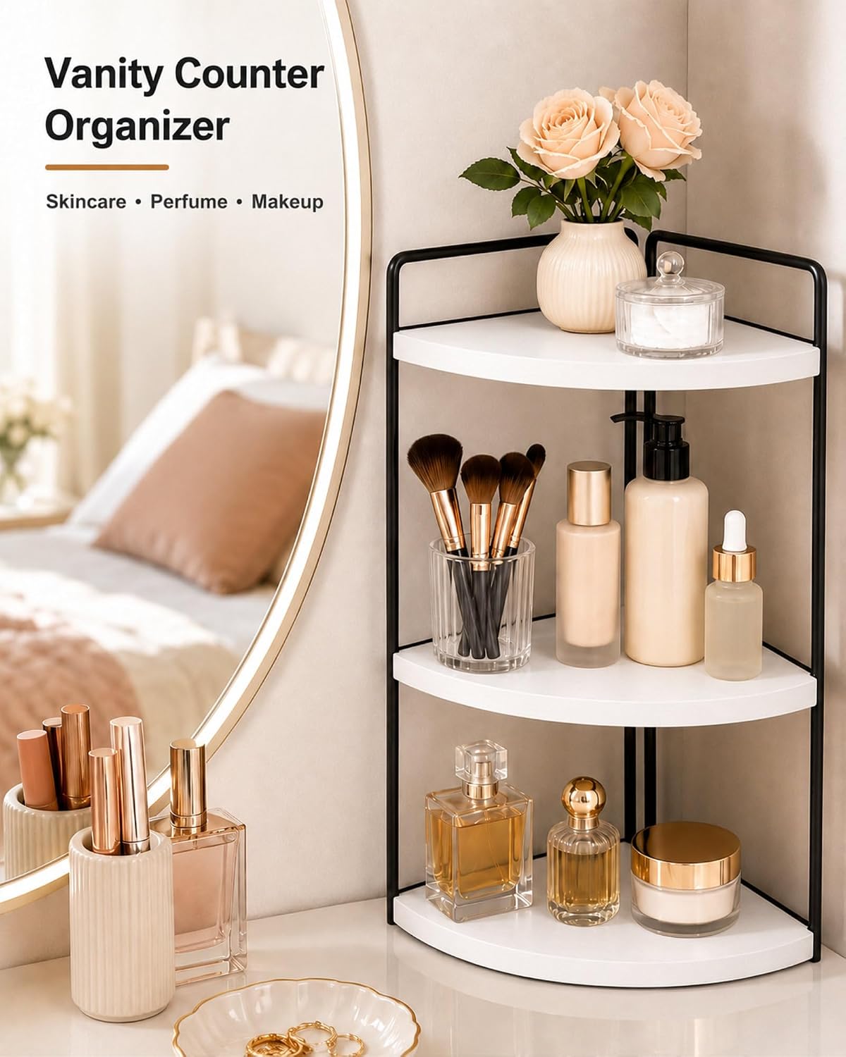 3-Tier Corner Bathroom Counter Organizer, Solid Pine Vanity Shelf, White