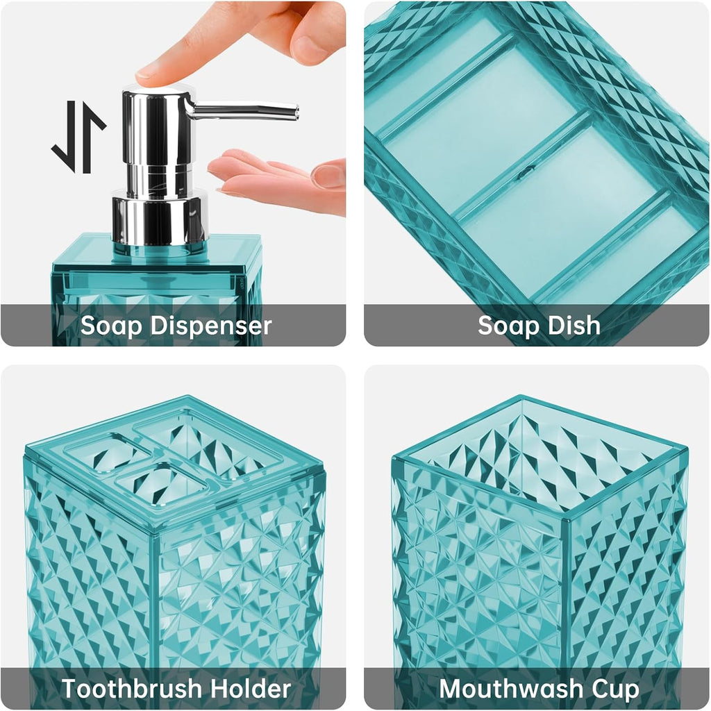 Bathroom Accessory Set, Grid Pattern 4 Pcs Plastic Bathroom Set, Teal Blue