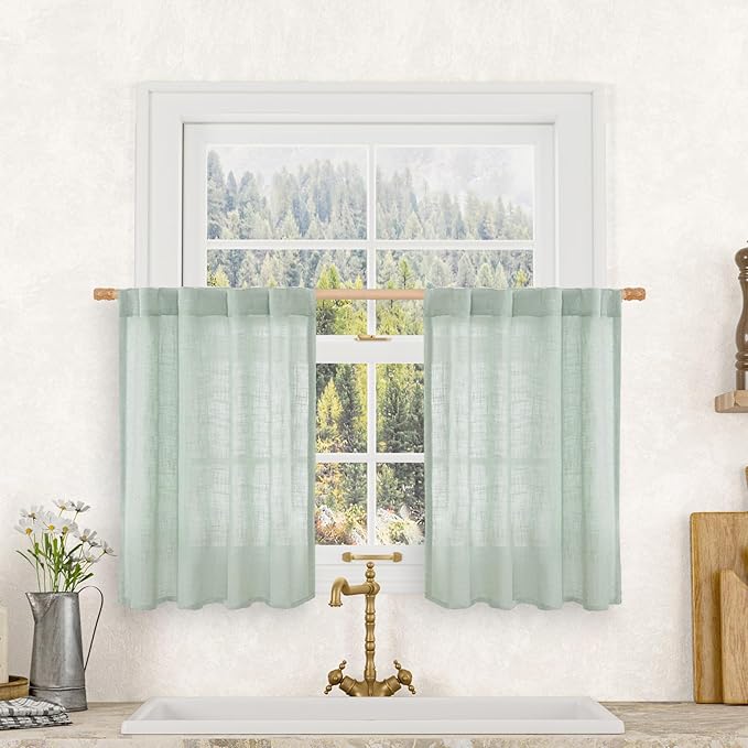 LAMIT Short Linen Window Curtains 30 Inches Long 2 Panels, Light Sage Semi by LAMIT