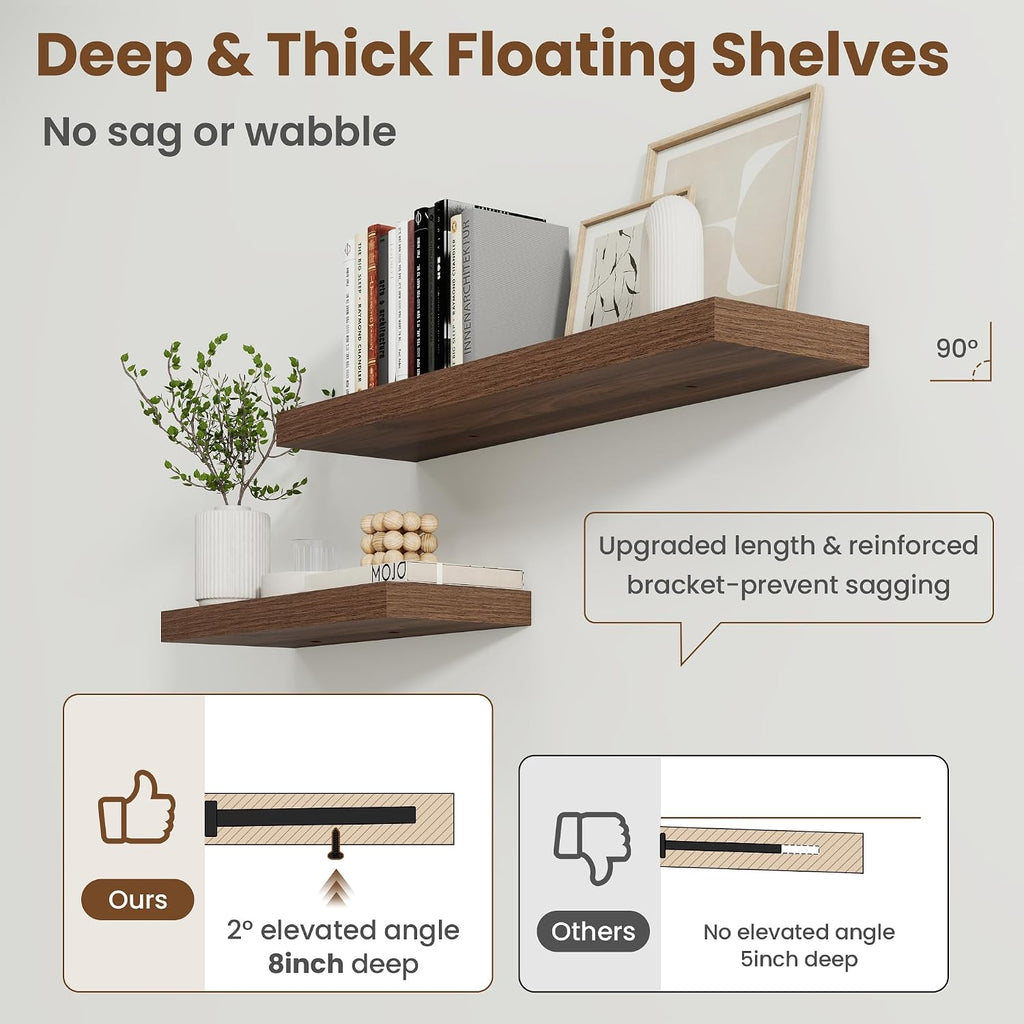 30 Inch Floating shelves for Wall, 8 Inch Deep, Invisible Brackets, Walnut