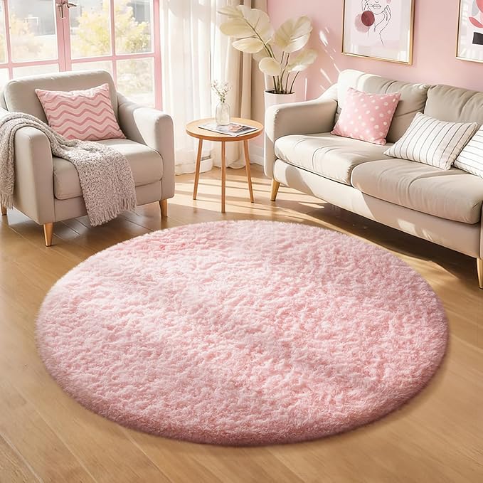 Ophanie Pink Round Rug for Bedroom Girls, Kids Fluffy Kawaii Fuzzy Shag Circle by Ophanie