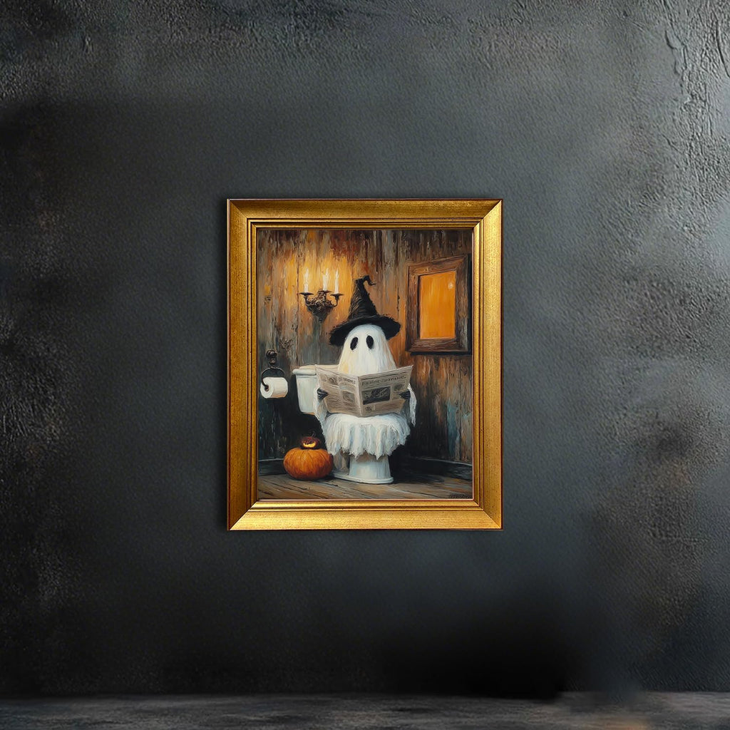 Vintage Golden Framed Halloween Bathroom Print Funny Ghost on Toilet Wall Art Rustic Spooky Halloween Bathroom Wall Decor