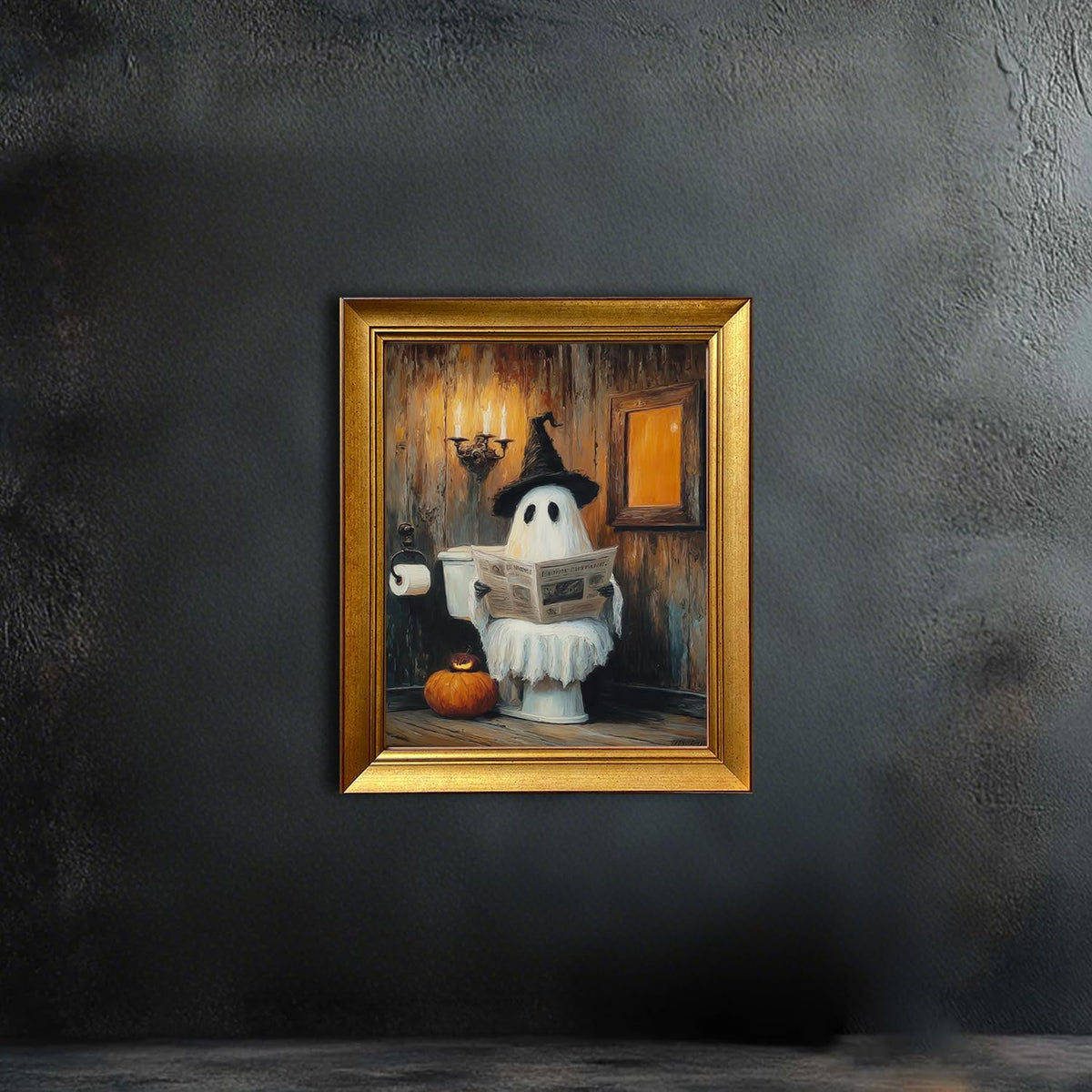 Vintage Golden Framed Halloween Bathroom Print Funny Ghost on Toilet Wall Art Rustic Spooky Halloween Bathroom Wall Decor