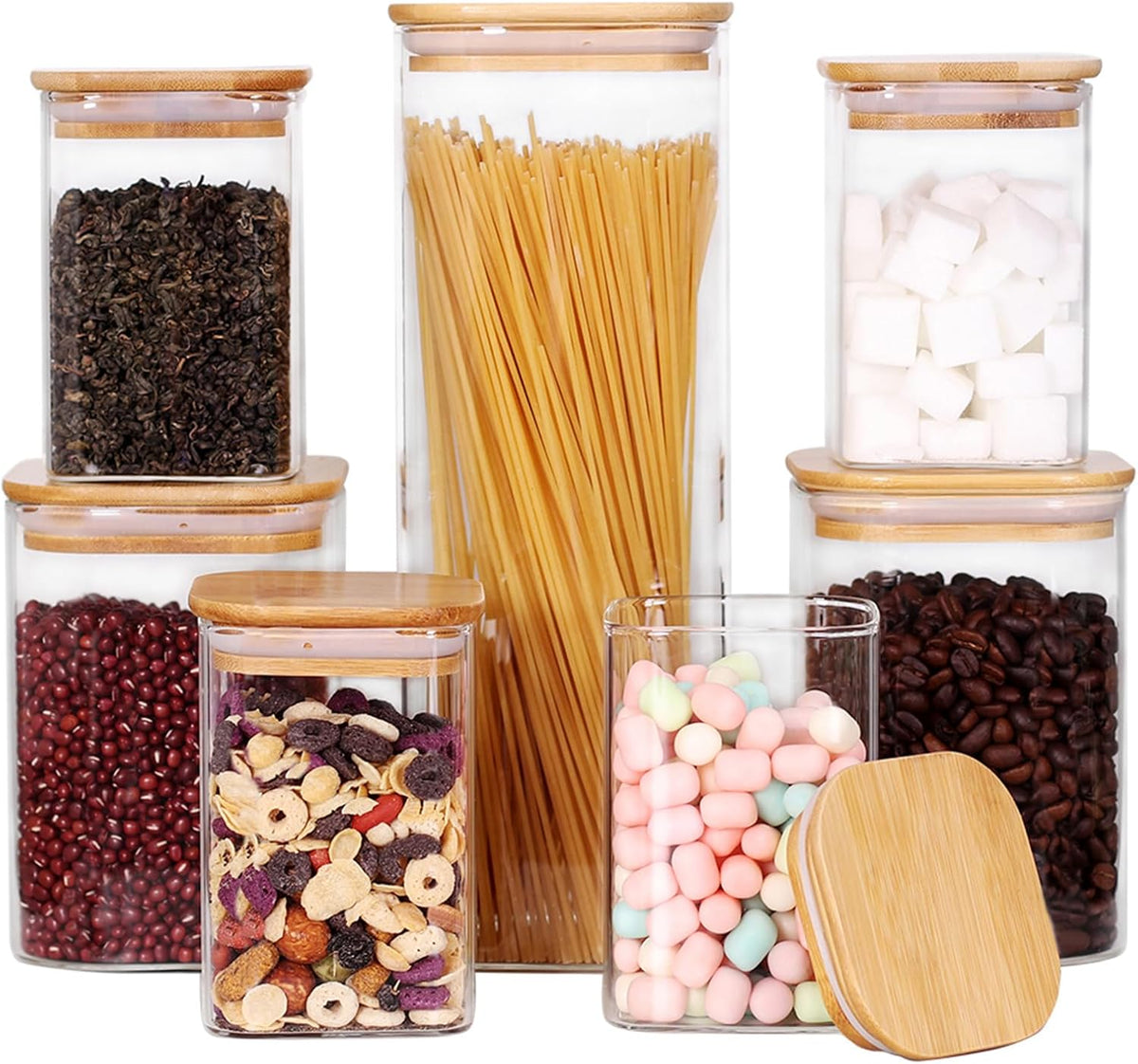 LEAVES AND TREES Y Stackable Kitchen Canisters Set, Pack of 5 Clear Glass Food Storage Jars Containers with Airtight Bamboo Lid for Candy, Cookie, Rice, Sugar, Flour, Pasta, Nuts