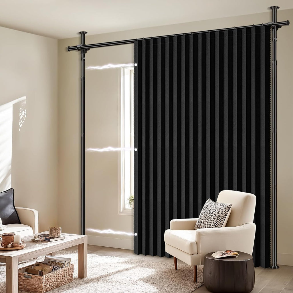 100% Blackout Room Divider Curtains Sets Black 1 Panel W100 x L84in No Drill Curtain Rods(H) 43-120×(W) 35-100 in for Bedroom Privacy Partition Separator