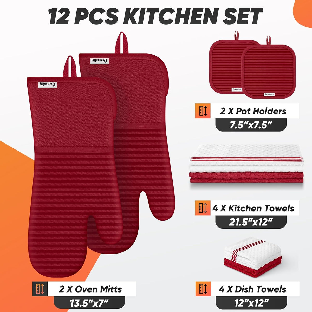 Oven Mitts Kitchen Towels and Dishcloths with Pot Holders Sets, Oven Gloves Hot Pads 500°F Heat Resistant with Silicone Grip, Include 2 Cooking Gloves/2 Potholders/4 Kitchen Towels/4 Dish Towels-Red