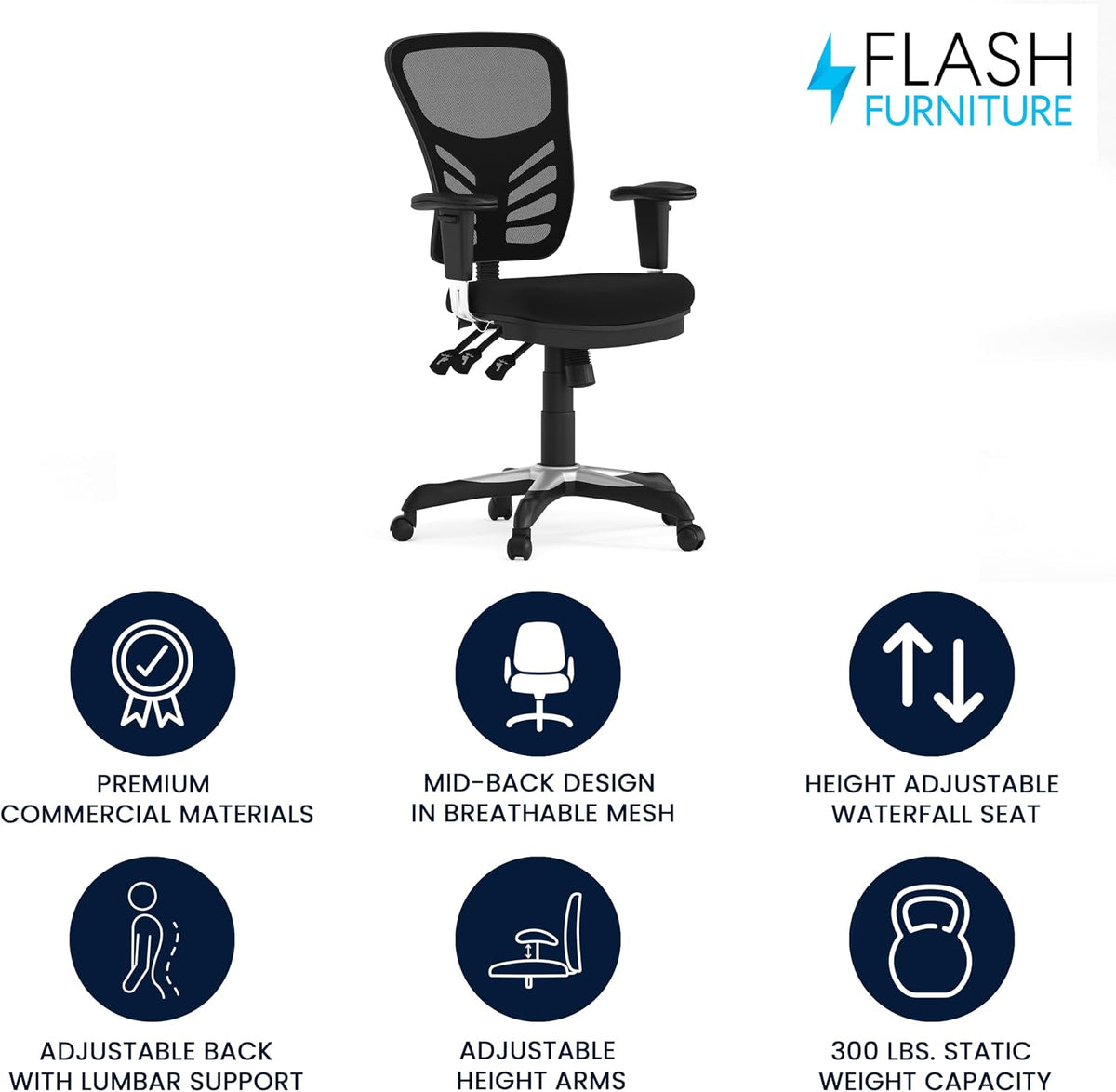 Flash Furniture Mid-Back Black Mesh Multifunction Executive Swivel Ergonomic Office Chair with Adjustable Arms