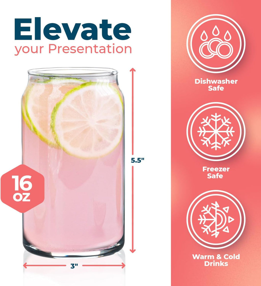 Can Shaped Drinking Glasses 16 oz - 6 Pack Beer Can Glass Cups Set, Clear Pint Beer Glasses for Soda, Water, Iced Coffee, Whiskey, Cocktails, Unique, Aesthetic Kitchen Drinkware, Dishwashable - 16oz