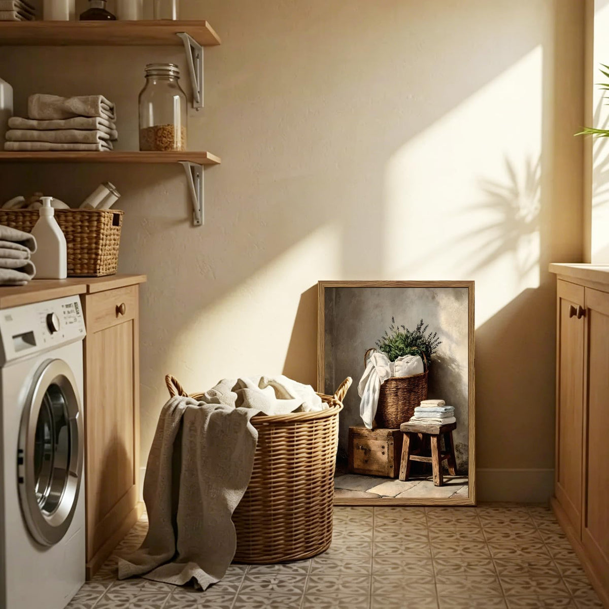 Vintage Laundry Room Wall Art Rustic Laundry Basket Bathroom Wall Decor Poster Country Farmhouse Wildflower Canvas Painting Print 12x16 inch Wood Framed