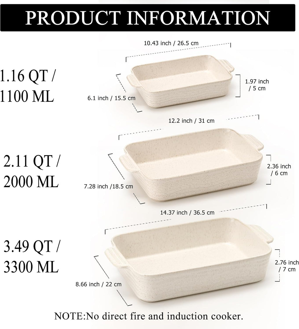 Ceramic Baking Dish Set of 3, Casserole Dishes for Oven, Rectangular Porcelain Bakeware Set with Handles, Lasagna Baking Pan for Cooking, Perfect for Baking and Serving, Housewarming, Halloween, Thanksgiving, Christmas, New Year-Reactive White