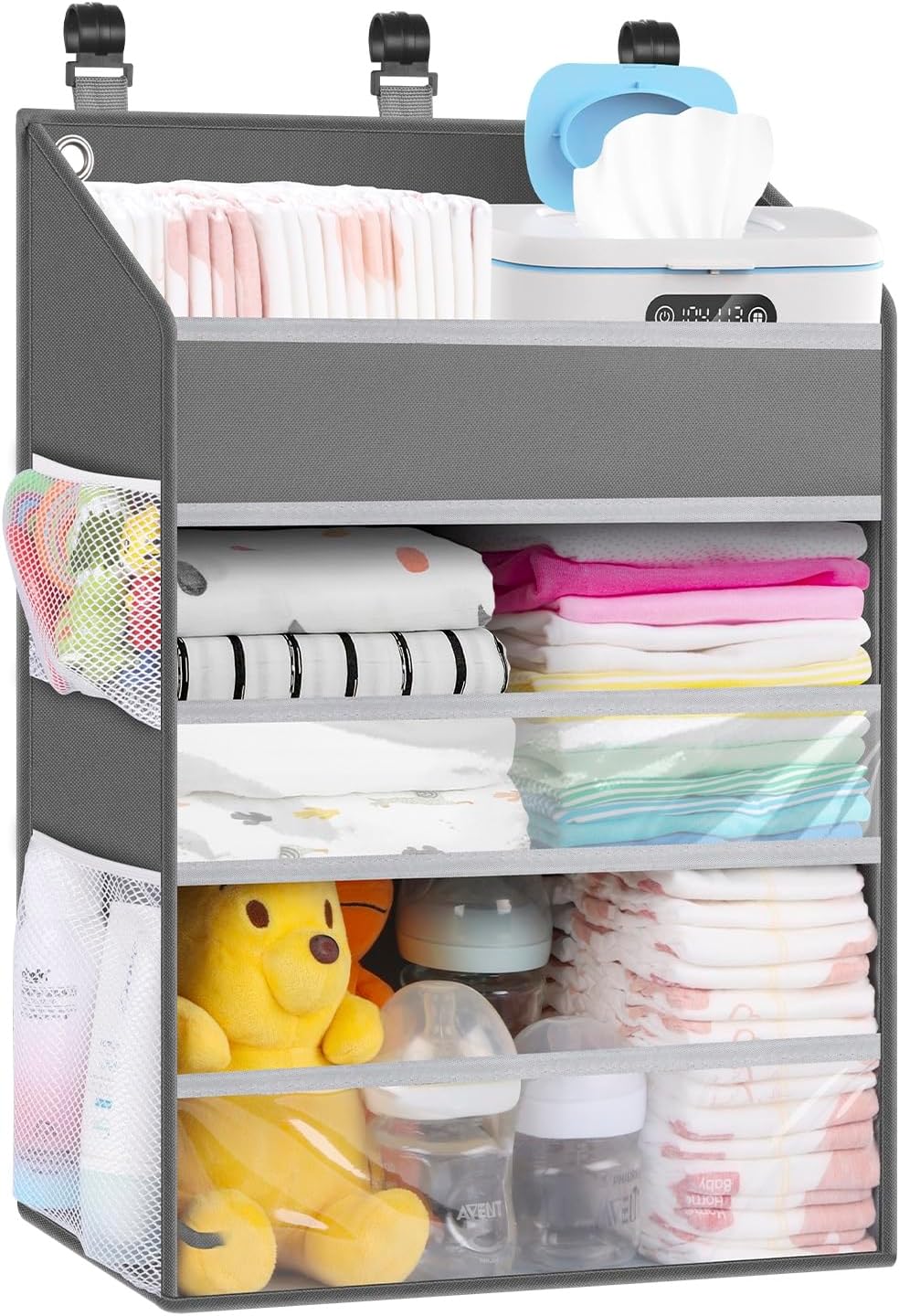 Hanging Diaper Caddy Organizer Crib Organizer–Spacious Baby Girl/Boy Nursery Organizer for Changing Table, Playpen/Wall- Hold 90+ Diaper (White)