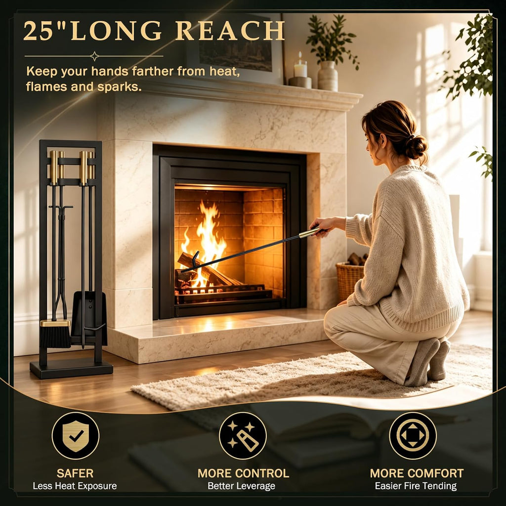 5-Piece Fireplace Tool Set, 30" One-Piece Stand, Antique Brass