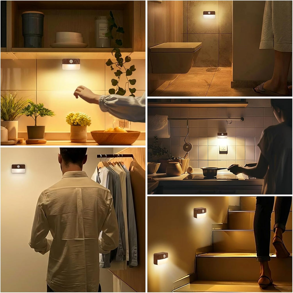 Guankai 8 Pack Motion Sensor Stair Light Indoor, Wireless Battery Operated Closet Lights, Stick on Anywhere Hallway Lamp, Portable Led Night Lamps for Bedroom Under Cabinet Kitchen, Wood Grain