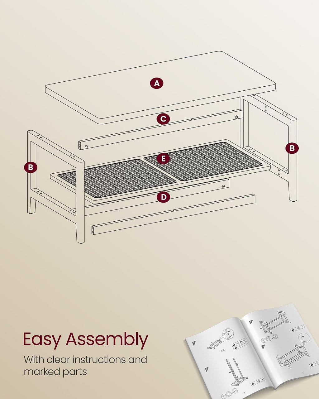 VASAGLE 2-Tier Coffee Table for Living Room, with PVC Rattan Storage Shelf