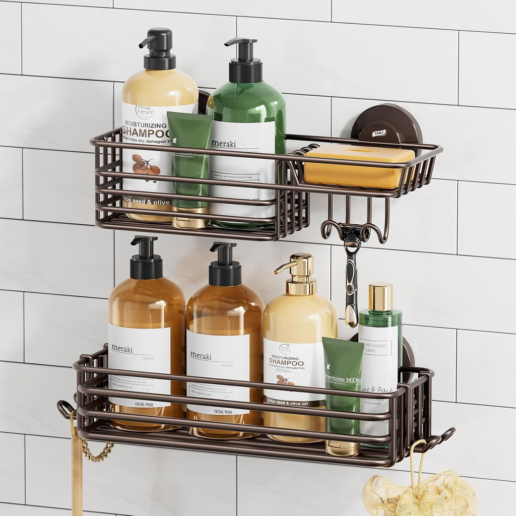 TAILI Shower Caddy Suction Cup 2 Pack with Hooks & Soap Holder, Brown