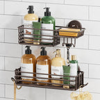 TAILI Shower Caddy Suction Cup 2 Pack with Hooks & Soap Holder, Brown