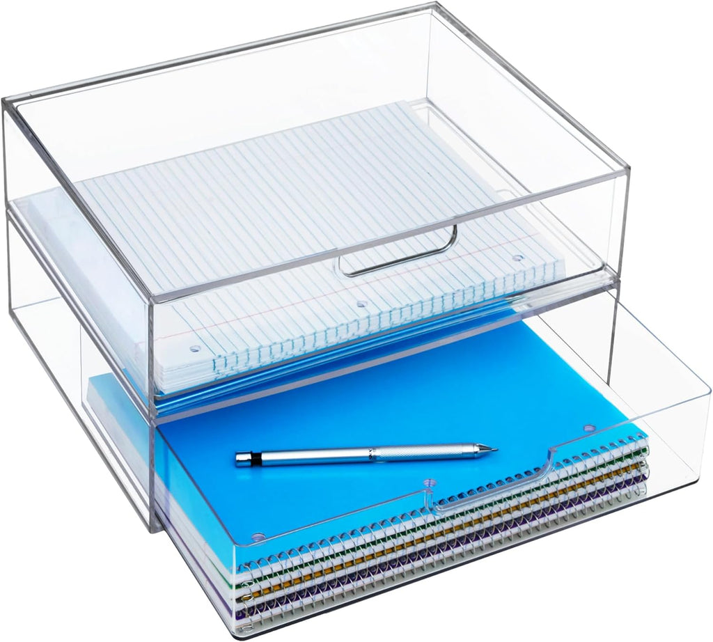 STORi STAX Plastic Stackable Organizer Drawers (Set of 2) Clear | 12.5" Wide | Set Includes Two Open Drawer | Organize Office Desk Accessories & Sort Paper | Made in USA