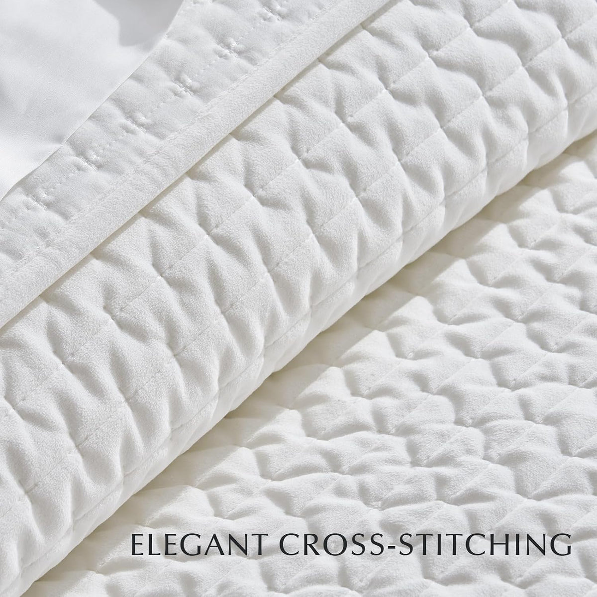EverGrace Cross-Stitch Velvet Quilt Set, King Size, Bright White