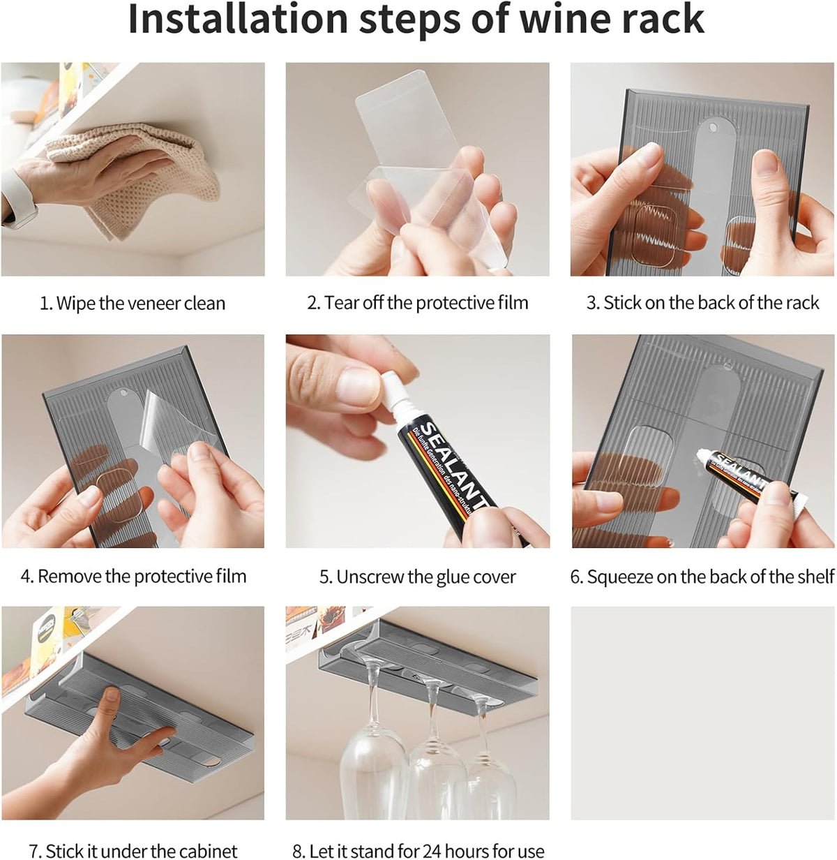 2 Pcs Wine Glass Holder,Stemware Rack Punch-free Hanging Under Cabinet for Bar,Kitchen and Restaurant (Grey)