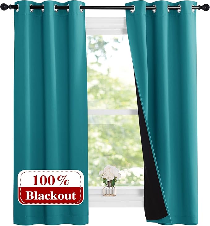 NICETOWN Peacock Teal 100% Blackout Lined Curtains, 2 Thick Layers Narrow Wide by NICETOWN