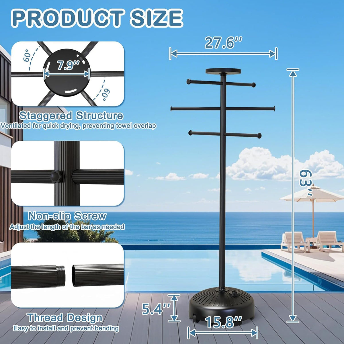 Pool Towel Rack with Wheels and Storage Tray for Indoor Outdoor Use