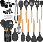 Umite Chef Kitchen Cooking Utensils Set, 33 pcs Non-Stick Silicone Cooking Kitchen Spatula Set with Holder, Wooden Handle Silicone Kitchen Gadgets Utensil Set (Black)