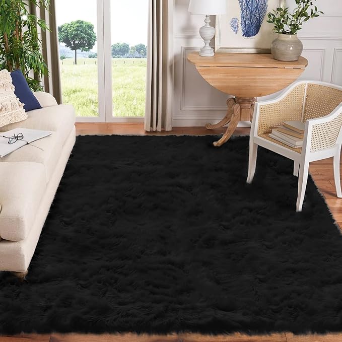 Goolela Black Sheepskin Area Rug 10x12 Fluffy Fuzzy Shag Carpet by Goolela