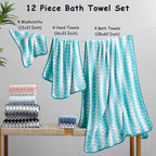 12 Pcs Aqua White Diamond Towel Set-4 Bath Towels,4 Hand Towels,4 Washcloths Soft Polyester Towels with Loop Absorbent Shower Towel Quick Dry Beach Chair Towel Family Towels for Bathroom Spa Gym Pool
