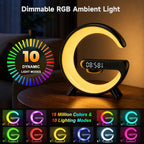 5-in-1 Smart LED Table Lamp with Wireless Charger, Bluetooth Speaker, Alarm Clock, Night Light, Bedside Lamp Charging Station for Bedroom Nightstand Dorm Desk, Home Decor, Gifts for Teen Boys Girls