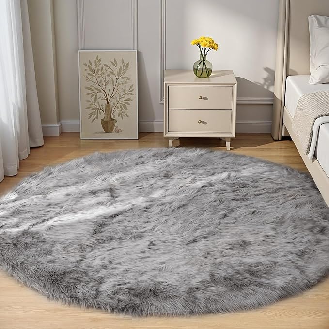Goolela Grey Round Rug 5ft Gray Fluffy Fuzzy Furry Circle Carpet by Goolela