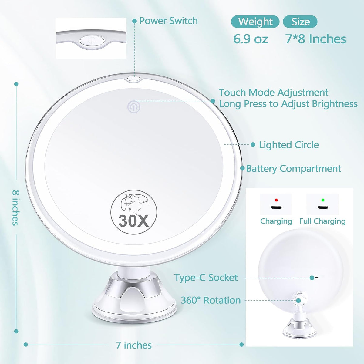 Lighted Makeup Mirror with 30X Magnification, 30X Magnifying Mirror Suction Cup with Light, 3 Color Modes and Adjustable Brightness, 360°Swivel Magnifying Mirrors with Light for Vanity 1500mAh