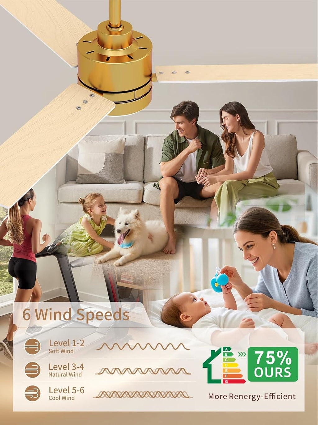 LANMEL Metal Ceiling Fan with Lights and Remote, 42 Inch, Gold & White
