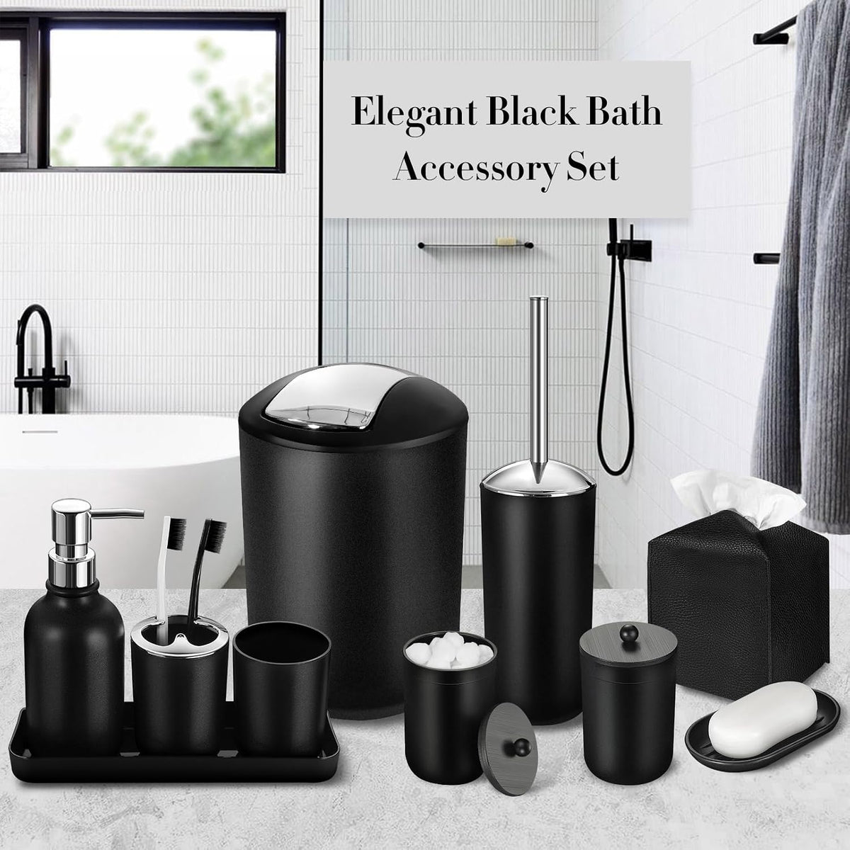 Black Bathroom Accessories Set, 10Pcs Bathroom Accessory Set with Trash Can, Soap Dispenser and Toothbrush Holder, Soap Dish, Cotton Ball & Qtip Holder, Toilet Brush Holder, Tissue Box Cover