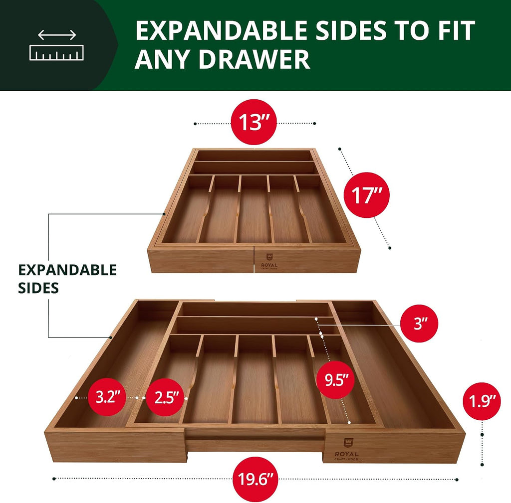 ROYAL CRAFT WOOD Luxury Bamboo Kitchen Drawer Organizer - Silverware Organizer - Utensil Holder and Cutlery Tray with Grooved Drawer Dividers for Flatware and Kitchen Utensils (9 Slot, Brown Bamboo)